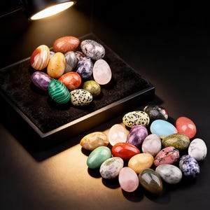 Op de afbeelding: Een verzameling gepolijste edelsteen eieren in verschillende kleuren, waaronder groen, roze, blauw en gespikkelde patronen. Sommige eieren worden tentoongesteld op een zwart fluwelen oppervlak, andere zijn verspreid.