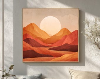 Minimalist Terracotta Desert Sunset Canvas, Layered Orange Mountain Landscape, Boho Mid-Century