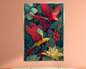 赤いオウムのオリジナル油絵、ジャングルコンゴウインコの肖像画、額