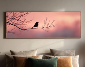 Silhouette di uccello al tramonto su tela - Natura minimalista, Arte murale all'alba con rami spogli, Cielo rosa e oro