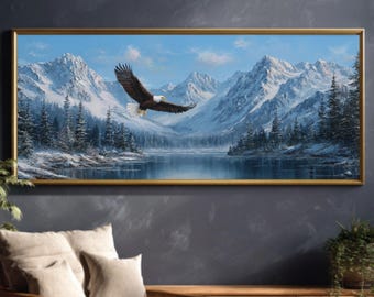 Majestätischer Weißkopfseeadler, der über schneebedeckte Berge, Seen und Wälder schwebt