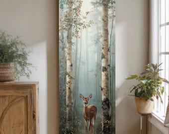 Deer in Misty Birch Forest Canvas – Ethereal Woodland Wall Art