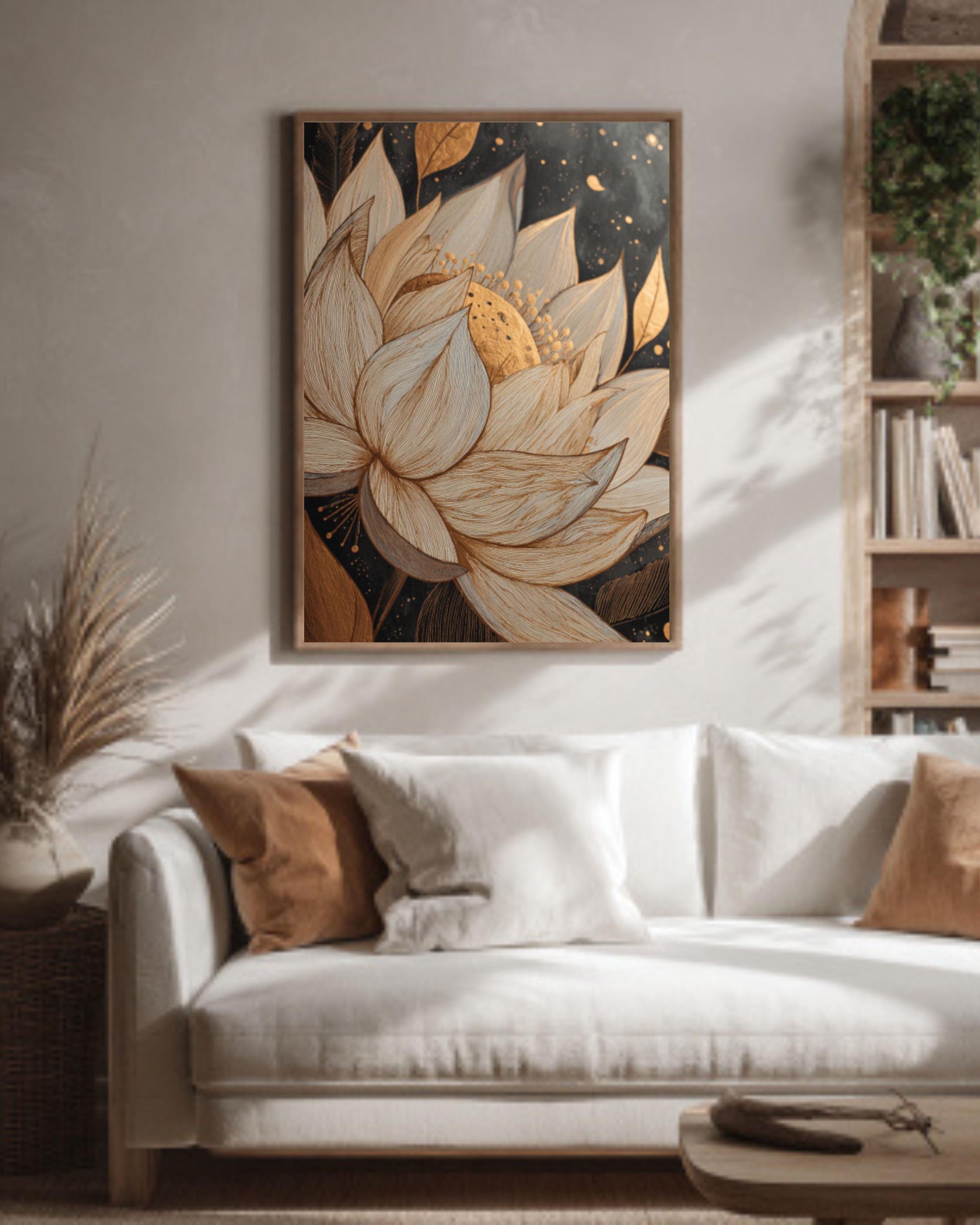 Boho Lotus Flower Canvas – Gold Accents, Earthy Tones & Celestial ...