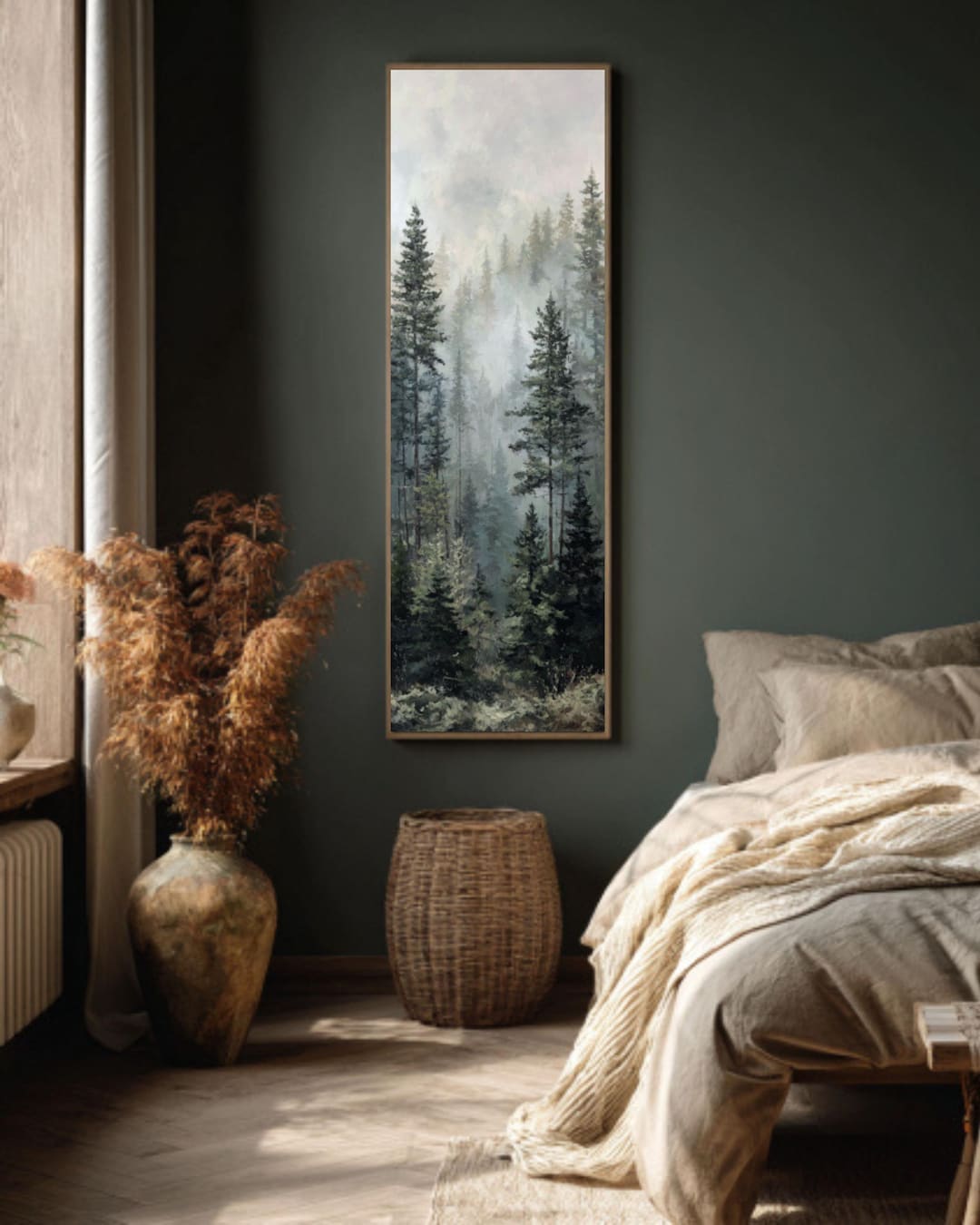 Misty Pine Forest Canvas - Foggy Mountain Tree, Vertical Evergreen Wall ...