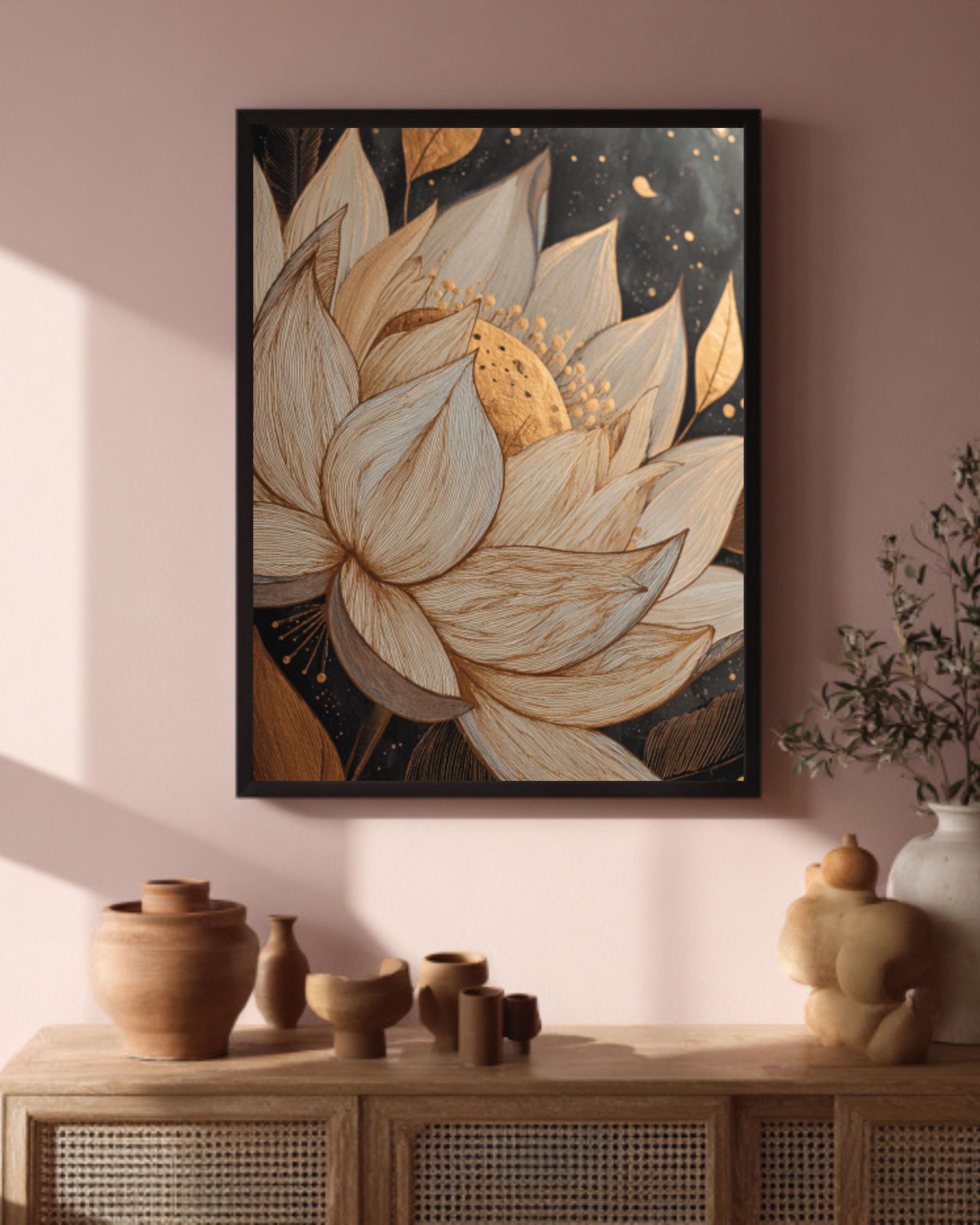 Boho Lotus Flower Canvas – Gold Accents, Earthy Tones & Celestial ...