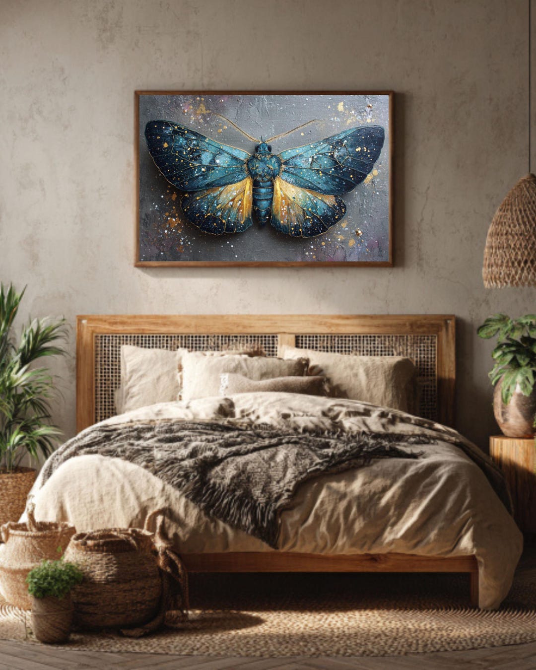Blue Gold Gilded Moth Canvas - Mixed Media Butterfly Art, Dark Teal ...