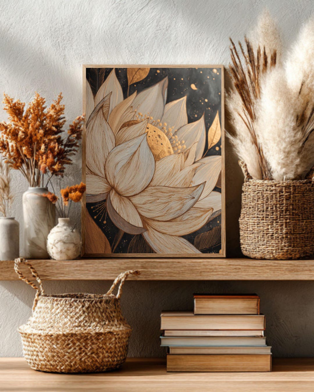 Boho Lotus Flower Canvas – Gold Accents, Earthy Tones & Celestial ...