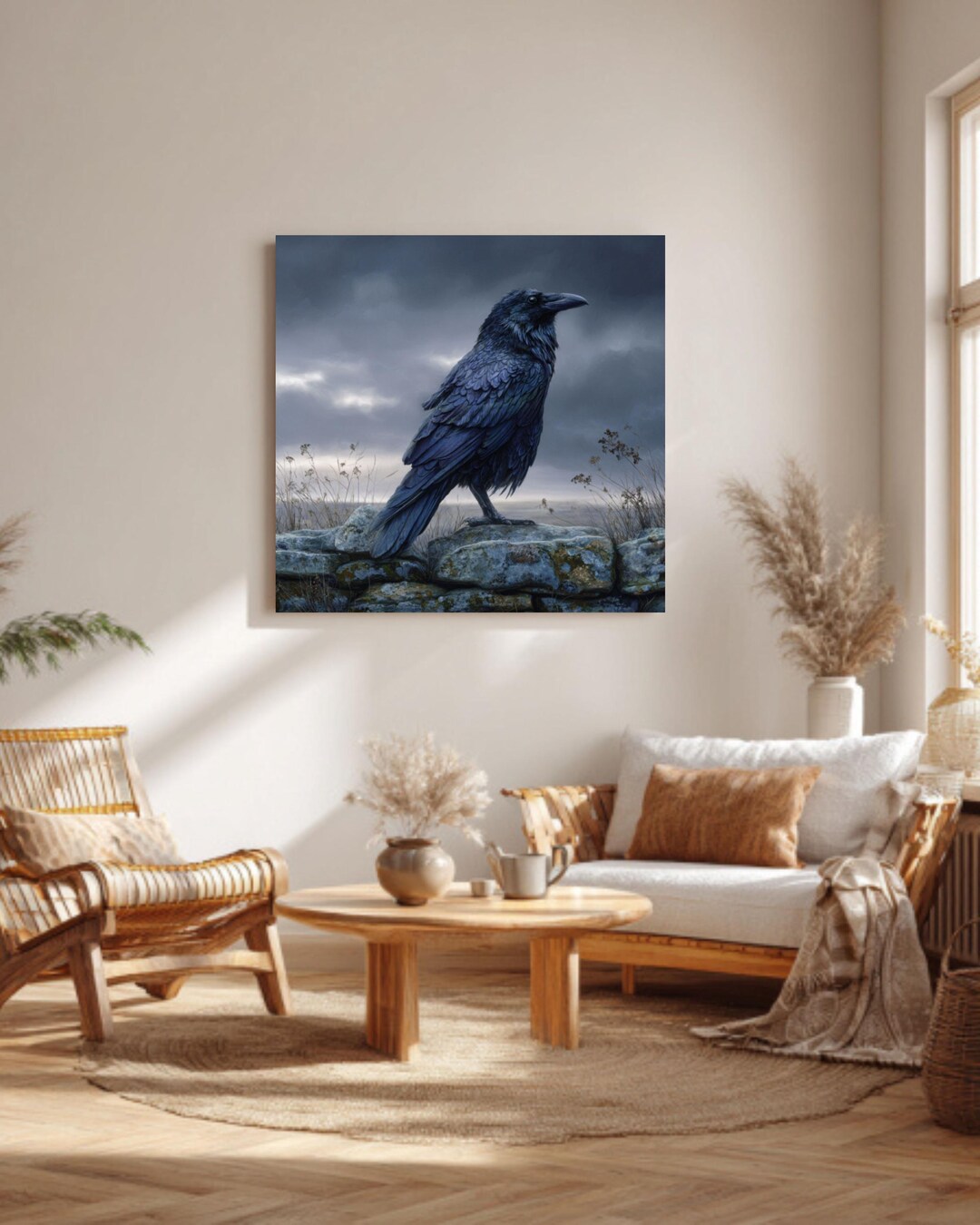 Moody Raven Canvas - Dark Academia Wall Art, Realistic Crow on Stone ...