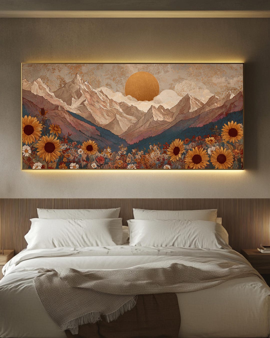 Boho Mountain Tapestry Canvas Print, Earthy Suns, Wildflower Wall Art ...