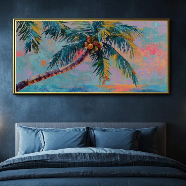 Canvas tropische palmboom, strandschildering muurkunst
