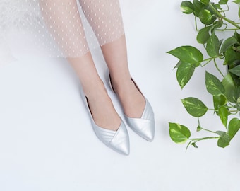 Omer Silver Pointed Toe Flat, Vegan Elegant Vegan Bridal Ballerinas