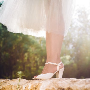 Adina Vegan  Bridal Shoes, Cream High Heel Wedding Sandal with a Vintage Flair