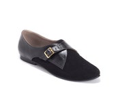 Black, flat, vegan, non leather, hand made, classic women's shoes with buckles