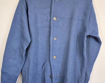 Vintage Avalanche button front cardigan wool sweater by Lasley knitting mills, Seattle. Men's L, fancy buttons, sky blue, excellent shape.