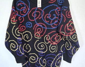 Vintage KMART women's sweater! Tag size M, acrylic, black with metallic multi color swirls in the weave - new with tags and unworn!