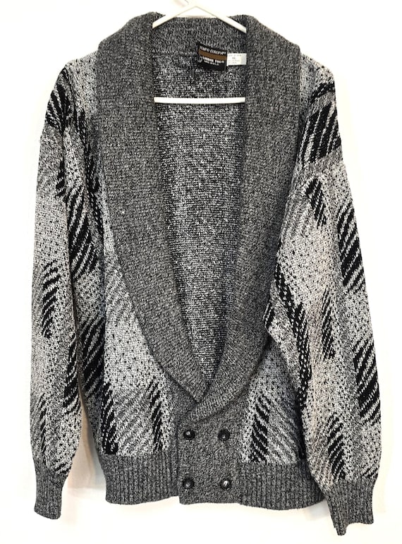 London Fog, Vintage London Fog Tempo Europa men's deep v neck XL button cardigan sweater gray black abstract weave.