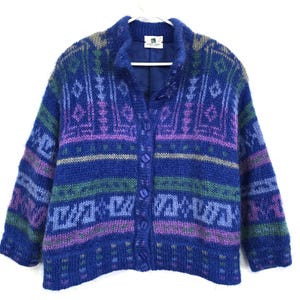 May include: A blue, purple, and green patterned cardigan sweater with a button-up front. The sweater has a high collar and long sleeves. The pattern includes geometric shapes and horizontal stripes.
