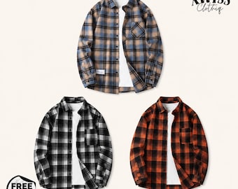 Koszula męska w kratę flanelowa – oversize, długi rękaw, swobodna, zapinana na guziki