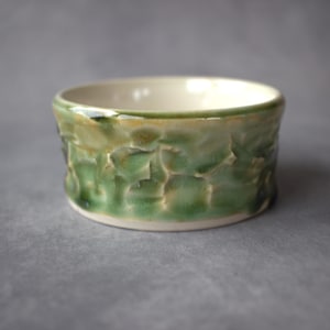 May include: A small, handmade ceramic bowl with a textured, green exterior and a smooth, off-white interior. The bowl's exterior features a unique, organic pattern, and the rim is slightly uneven. The bowl is likely used for serving or display.
