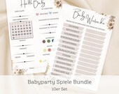 Babyparty Spiele Set, Babyshower Spiele Bundle, Boho Party Geburt, Ausfüllkarte, Ratespiel und Wünsche, Hallo Baby, Download zum Ausdrucken