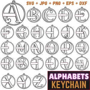 Könnte beinhalten: Eine Sammlung von schwarz-weißen Alphabet-Schlüsselanhänger-Designs, wobei jeder Buchstabe in einem kreisförmigen Rahmen enthalten ist. Das Bild zeigt die Buchstaben A bis Z, mit dem Text "SVG + JPG + PNG + EPS + DXF" oben und "ALPHABETS KEYCHAIN" unten.
