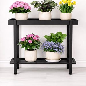 2 Tier Window Plant Stand with Tray, Tall Indoor Plant Shelf, Metal Plant Stand for Multiple Plants, Window Plant Rack for Balcony