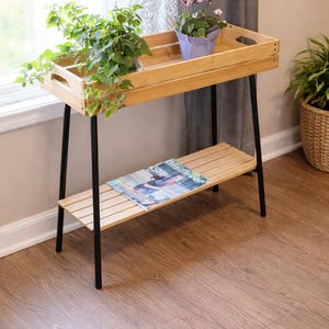 Puede incluir: Un soporte de madera para plantas con una bandeja superior y un estante de listones. El soporte tiene patas de metal negro. Una revista descansa sobre el estante. La bandeja contiene una planta en maceta y una planta verde colgante. El soporte está cerca de una ventana.