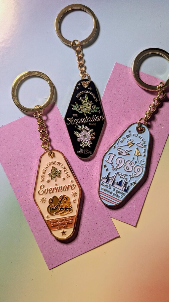 Lyric Inspired Motel Style Keyring | Music Eras | Pop Star Fan Gifts | Metal Keychain | Pin Badge Stickers