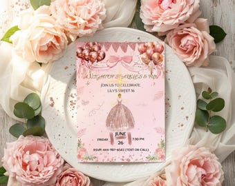 May include: A pink Sweet 16 invitation with the text "A Night of Sparkles & Fun" and "Join us to celebrate Lily's Sweet 16". The invitation is decorated with a drawing of a girl in a dress, balloons, and floral accents. The invitation is surrounded by pink roses and white fabric.