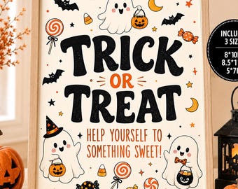May include: A framed Halloween sign with the text TRICK OR TREAT HELP YOURSELF TO SOMETHING SWEET, featuring illustrations of ghosts, candy, and bats. A black circular badge on the right indicates included sizes of 8x10in, 8.5x11in, and 5x7in.