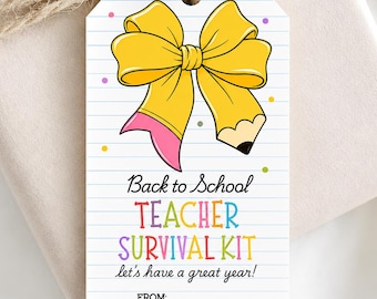 Teacher Survival Kit Tag Printable | First Day of School Teacher Gift | Meet the Teacher Favor | Back to School Pencil Bow Labels Digital