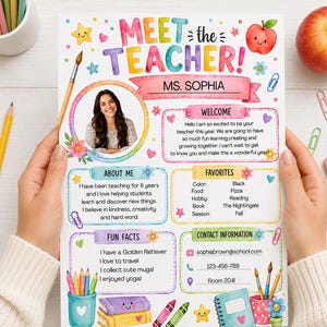 May include: A Meet the Teacher flyer for Ms. Sophia featuring a circular photo of a woman, colorful watercolor illustrations of school supplies, stars, and flowers, with sections for About Me, Favorites, Fun Facts, and Contact Information.