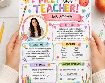 May include: A Meet the Teacher flyer for Ms. Sophia featuring a circular photo of a woman, colorful watercolor illustrations of school supplies, stars, and flowers, with sections for About Me, Favorites, Fun Facts, and Contact Information.