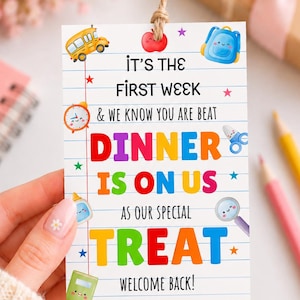 First Week of School Dinner Is On Us Gift Tag | Teacher Appreciation Gift Labels | Staff Welcome Back Treat Tag | Canva Template PDF
