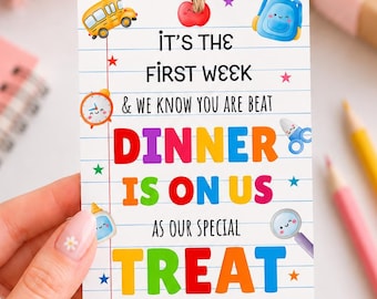 Cadeaulabel 'Eerste schoolweek diner is van ons' | Labels voor bedankjes aan leerkrachten | Welkom terug-traktatie voor het personeel | Canva-sjabloon (PDF)