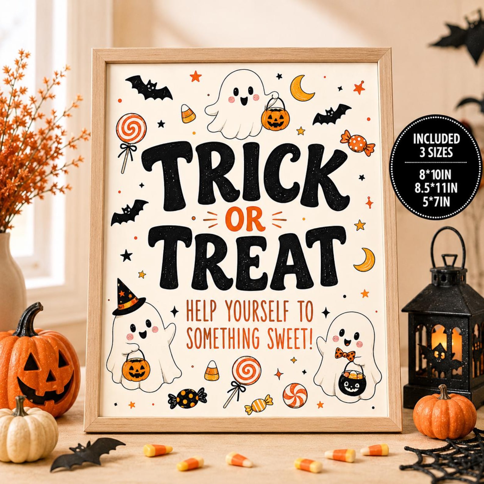 Help Yourself to Something Sweet Cream trick-or-treat sign with ghosts, sweets and a help-yourself message.