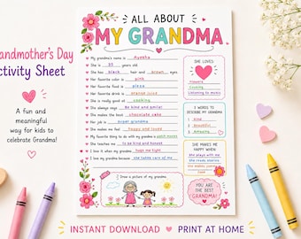 Feuille d'activité imprimable Tout sur ma grand-mère | Tout sur ma grand-mère - Questions | Cadeau fête des grands-parents | Coloriage numérique pour enfants | Toile