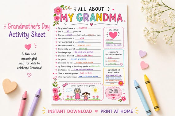 Printable All About My Grandma Activity Sheet | All About My Grandma Questions | Grandparents Day Gift | Digital Kids Coloring Page | Canva