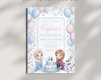 Frozen aquarel verjaardagsuitnodiging | Afdrukbare Frozen Elsa-verjaardagsuitnodiging | Bewerkbare canvassjabloon | Uitnodiging voor kinderen van alle leeftijden