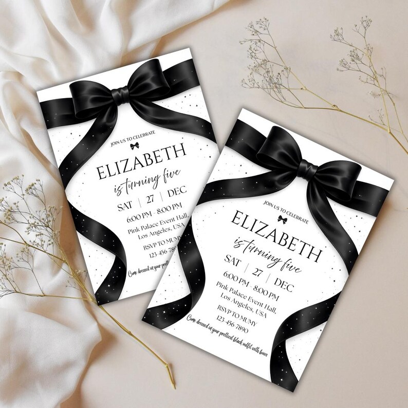 May include: Two invitation cards with a black bow and ribbon design. The cards have the text "ELIZABETH is turning five" and event details. The background is white with small, scattered dots.