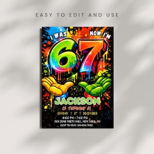 Op de afbeelding: Een kleurrijke verjaardagsuitnodiging met de tekst "I WAS 67 NOW I'M" in graffitistijl. De uitnodiging bevat de naam "Jackson", evenementdetails en RSVP-informatie. Het ontwerp heeft levendige kleuren en handillustraties.