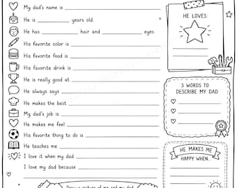 Printable All About My Dad | Coloring Page Questionnaire Father's Day |  Kids Activity | Fill In The Blanks Interview | Gift For Papa Pdf