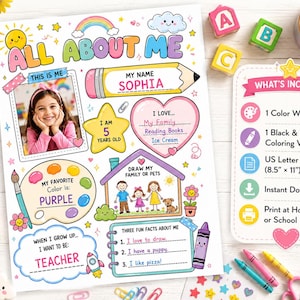 Può includere: Un foglio di lavoro colorato All About Me per bambini con sezioni per foto, nome, età, interessi e disegni. La pagina include una grafica a matita, un cuore, una tavolozza di colori e un'illustrazione di una casa. Misura 21,59 cm per 27,94 cm.