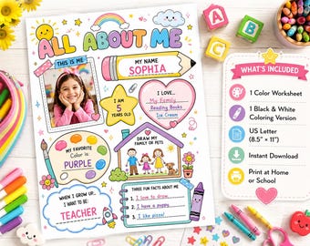 May include: A colorful All About Me worksheet for children featuring sections for a photo, name, age, interests, and drawings. The page includes a pencil graphic, a heart, a paint palette, and a house illustration. It measures 8.5 inches by 11 inches.