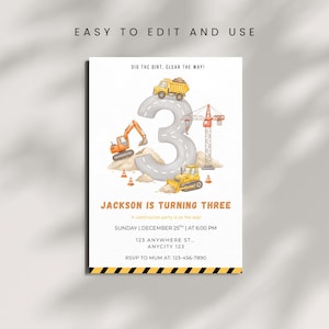 Bearbeitbare Baustelle Geburtstagseinladung | 3. Geburtstag Einladen Druckbare Vorlage | Dump Truck Party Geburtstag einladen | Junge einladen Digital
