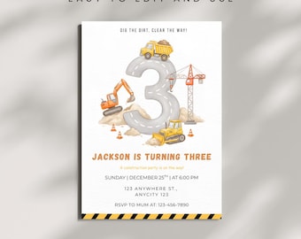 Editable Construction Birthday Invitation | 3rd Birthday Invite Printable Template | Dump Truck Party Birthday Invite | Boy Invite Digital