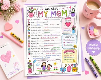 Printable All About My Mom | Coloring Page Questionnaire Mother's Day |  Kids Activity | Fill In The Blanks Interview | Gift For Mama Pdf