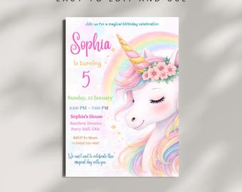 Unicorn Birthday Invitation |  Magical Pastel Rainbow Unicorn Party Invite |  Whimsical Fairytale Unicorn Princess | Digital Canva Template