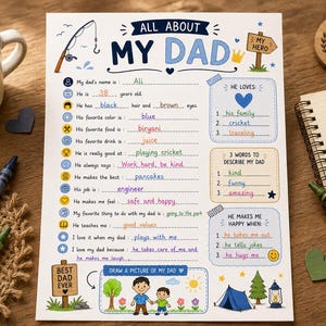 Printable All About My Dad | Coloring Page Questionnaire Father's Day | Kids Activity | Fill In The Blanks Interview | Gift For Papa Pdf image 2