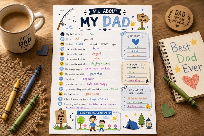 Printable All About My Dad | Coloring Page Questionnaire Father's Day | Kids Activity | Fill In The Blanks Interview | Gift For Papa Pdf image 2